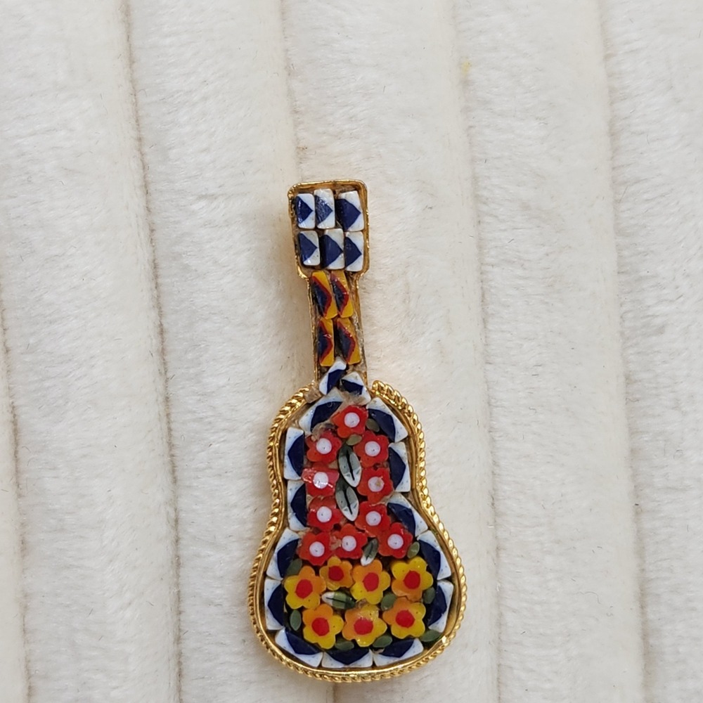 Vintage Micro Mosaic Guitar Brooch Floral Italian Style Glass Mosaic Pin‎ Italy
